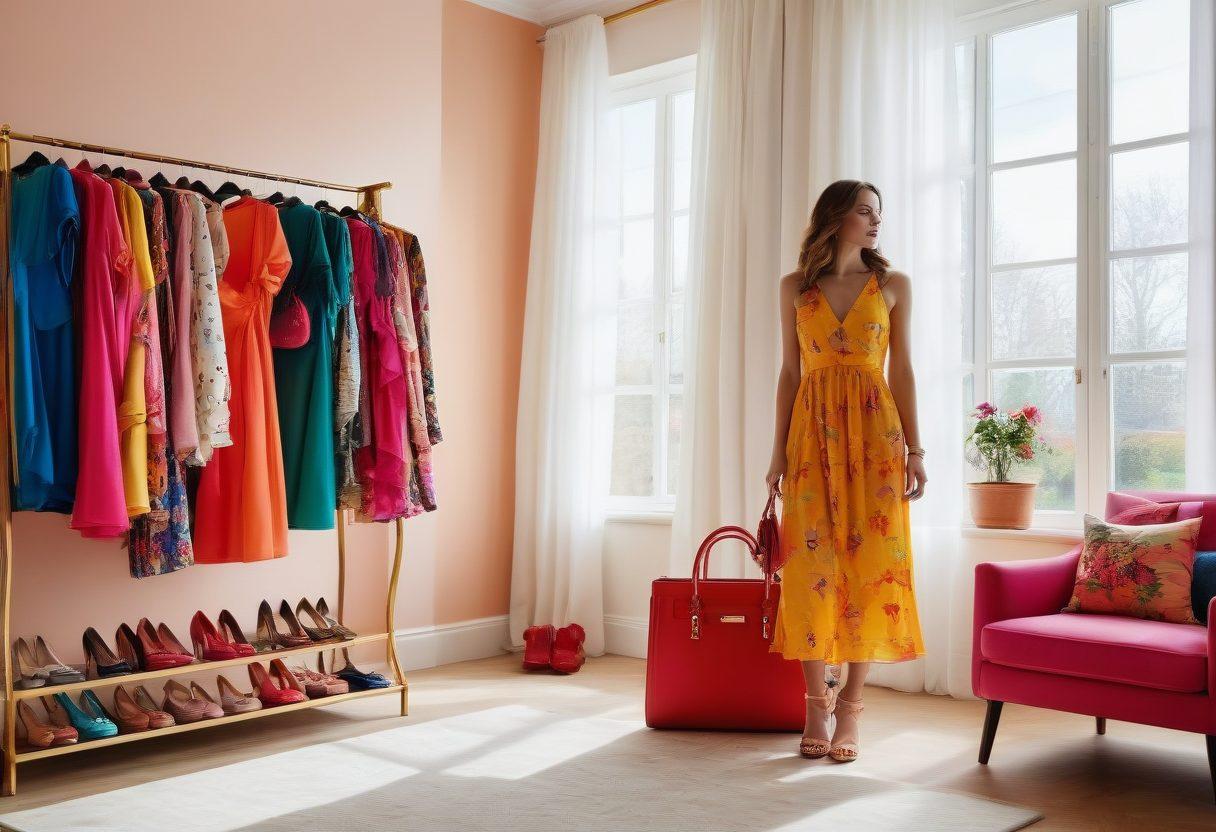A stylish wardrobe transformation scene featuring a person standing in front of a full-length mirror, surrounded by vibrant clothing options, accessories, and a rack of fashionable outfits. The room is bright and airy, with sunlight filtering through the window, creating an inspirational atmosphere. Include fashionable shoes and a statement handbag as key elements in the foreground. super-realistic. vibrant colors.