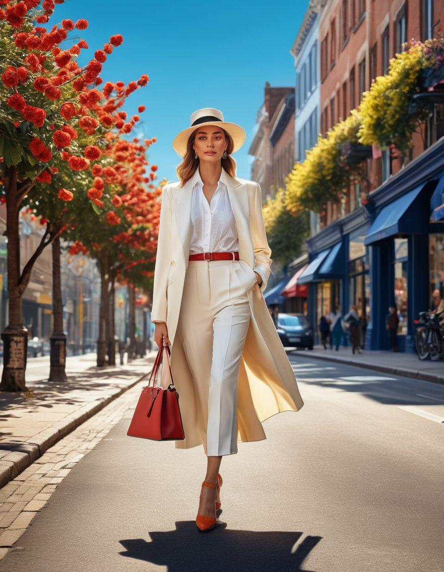 A stylish person in an elegant outfit, confidently walking down a sunlit city street, showcasing a blend of modern and classic fashion elements. Surround them with hints of fashion accessories like hats and bags, and include vibrant flowers in the background for a refreshing touch. The sky should be a clear blue, symbolizing clarity and confidence. The composition should evoke feelings of revitalization and sophistication. super-realistic. vibrant colors. 3D.